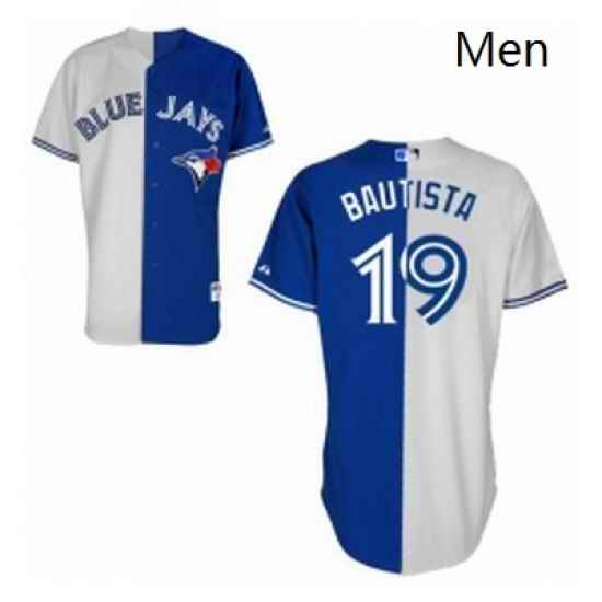 Mens Majestic Toronto Blue Jays 19 Jose Bautista Replica BlueWhite Split Fashion MLB Jersey